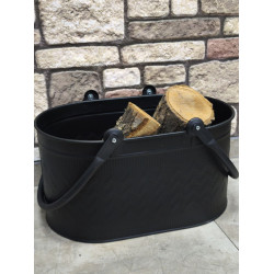 FS-1343-DH-MAT Flame Stove Dayanıklı Mat Siyah Oval Odun Kovası, Çift Kulplu, İç ve Dış Mekan Kullanımı